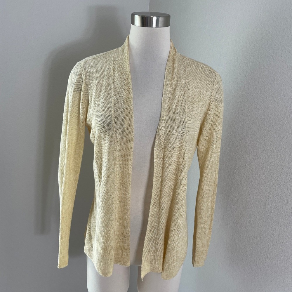 Eileen Fisher‎ Womens Small Linen Silk Cardigan Sweater Butter Yellow Open Front